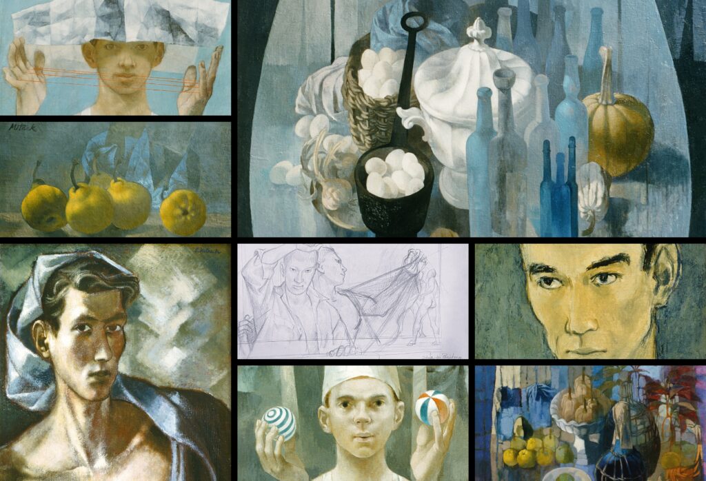 Collage of 7 paintings and 1 drawing by Chicago modernist artist Stanley Matthew Mitruk