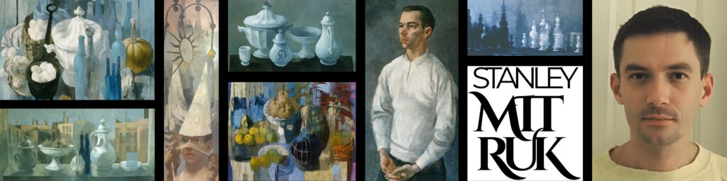 A collage of 7 paintings by Chicago modernist artist Stanley Matthew Mitruk, along with a stylized logo of his name and a photograph of him from the 1940s.